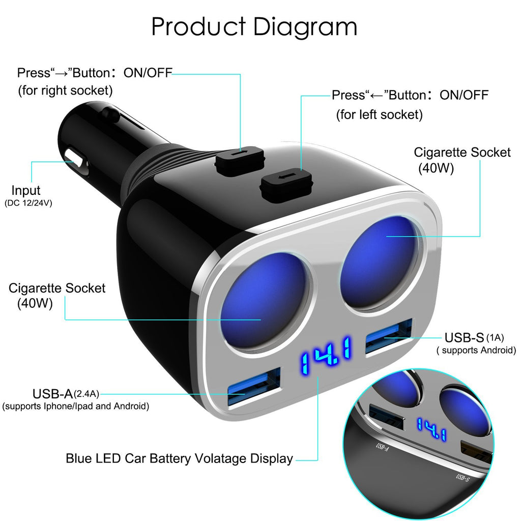 Car Charger, Otium 150W 2-Socket Cigarette Lighter Splitter QC 3.0 Dual USB  Ports 1 USB C Fast Car Adapter with Separate Switch LED Voltmeter  Replaceable 15A Fuse Compatible GPS/Dash Cam/Phone/iPad : 