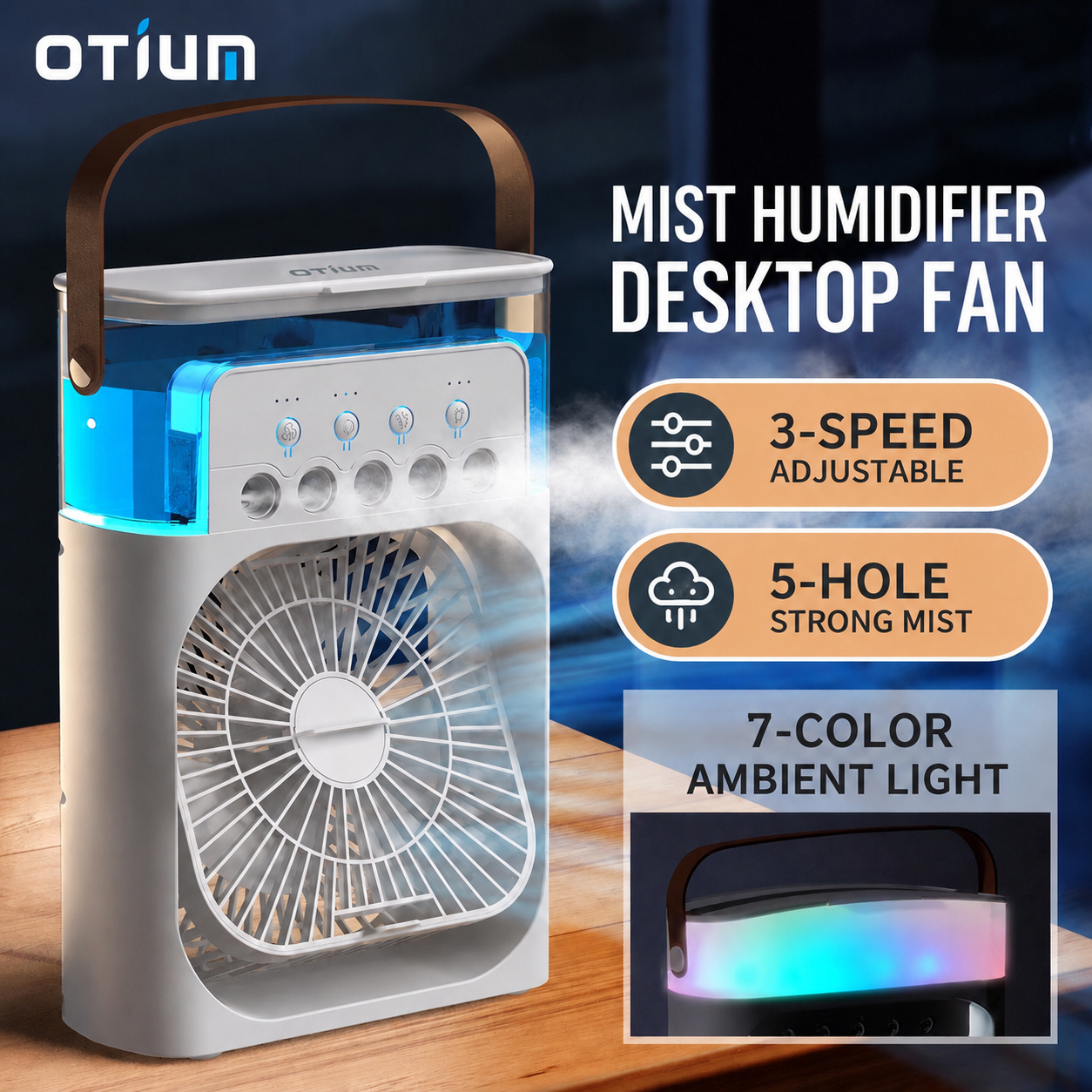 Otium Humidifiers & USB Powered Desktop Fans, Portable Mini Air Cooler with Mist, 3-Speed Cooling Fan with LED Light