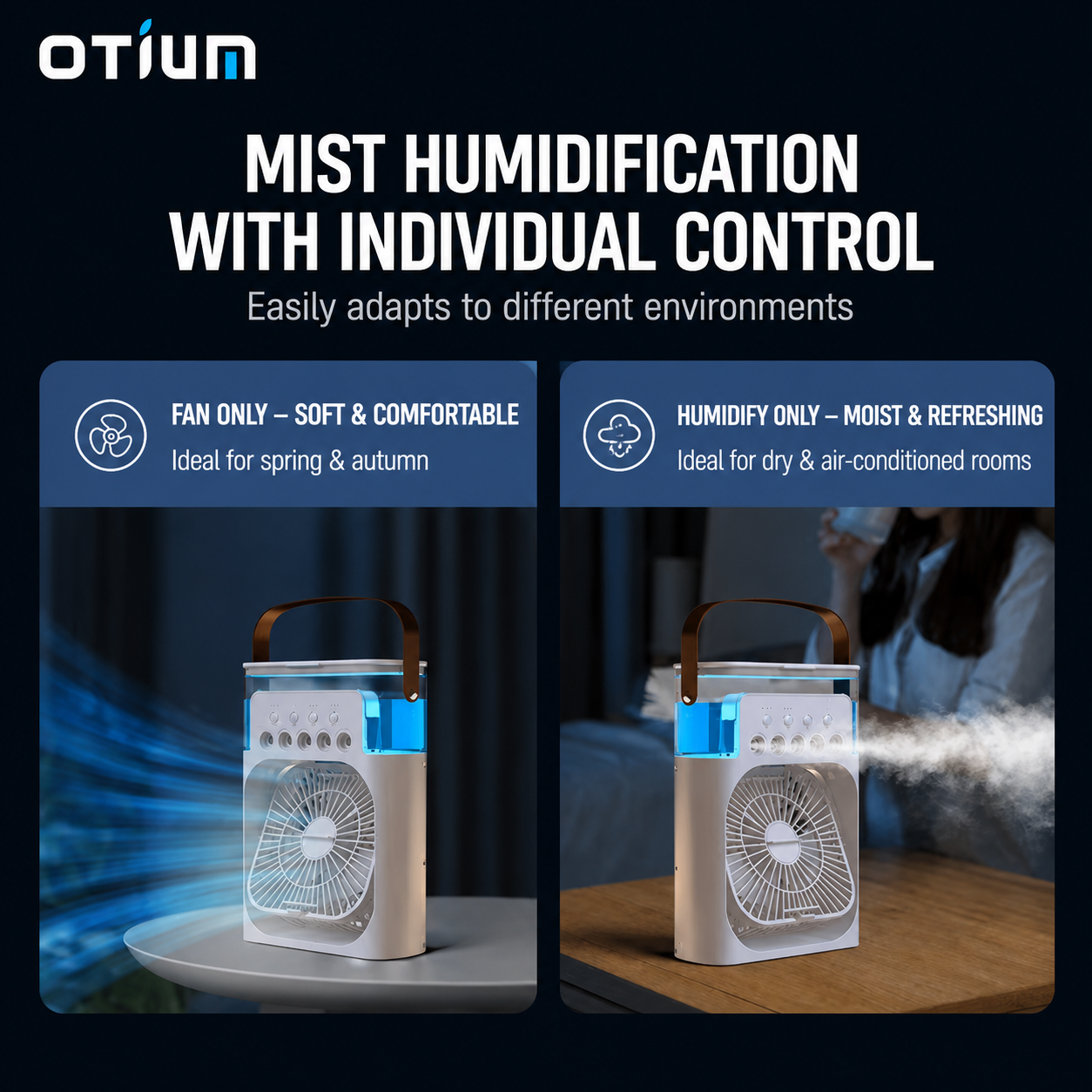 Otium Humidifiers & USB Powered Desktop Fans, Portable Mini Air Cooler with Mist, 3-Speed Cooling Fan with LED Light