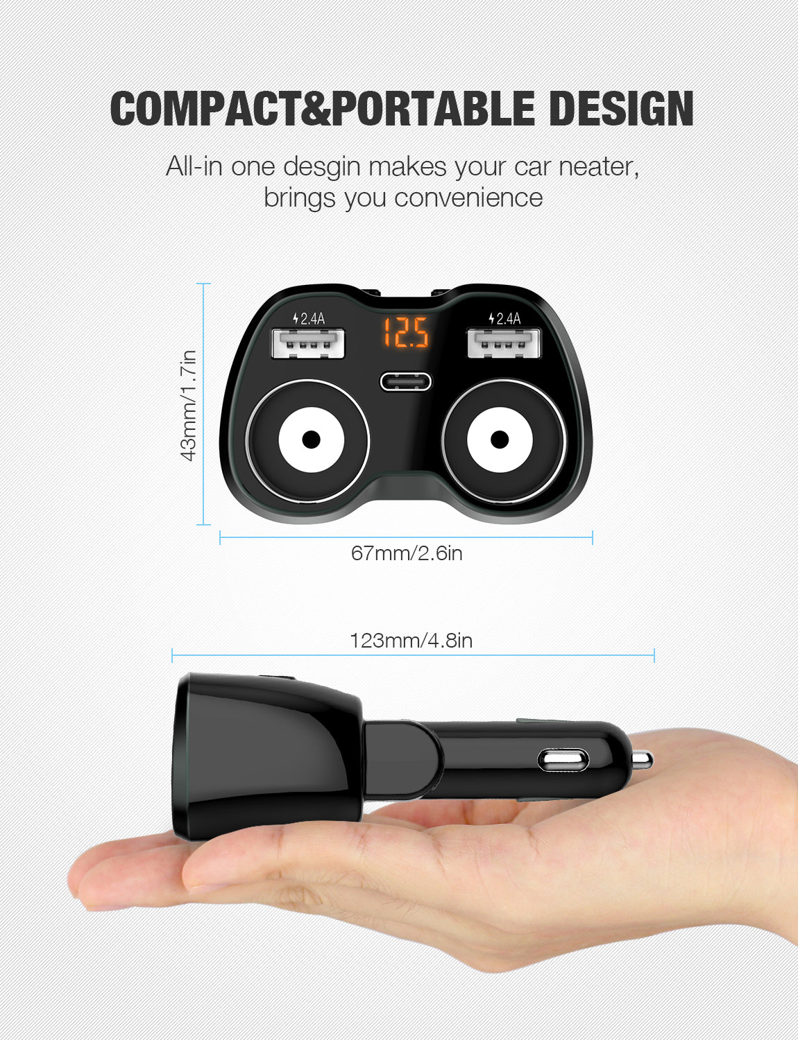 Otium 80W USB-C Car Charger & Dual Cigarette Lighter Splitter